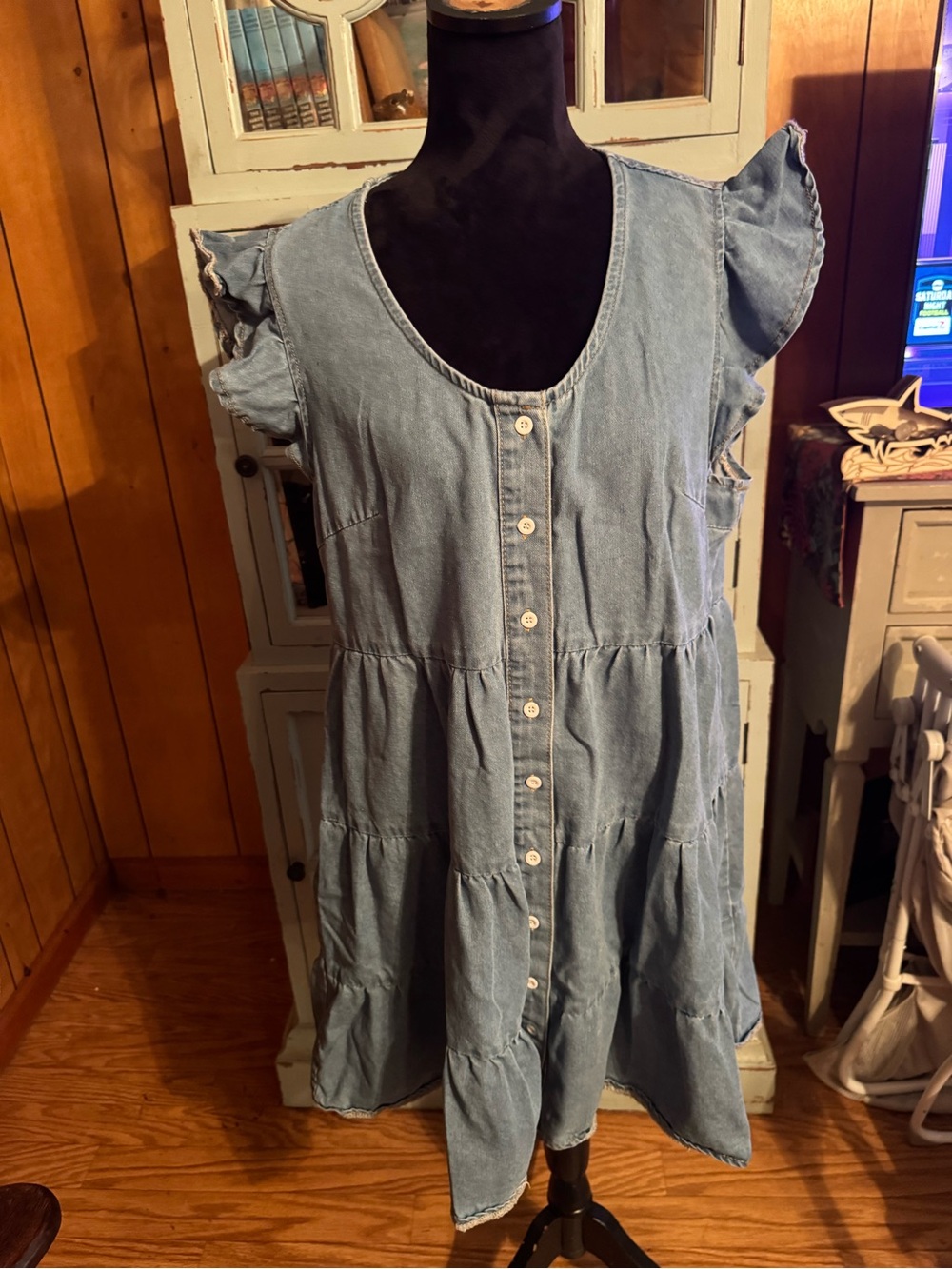 Ladies Light Blue Denim Button-Front Tiered Dress Size 1XL SHEIN B2